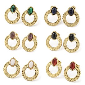 Real 18K Gold Plated 304 Stainless Steel Ring Stud Earrings, with Natural & Synthetic Mixed Stone