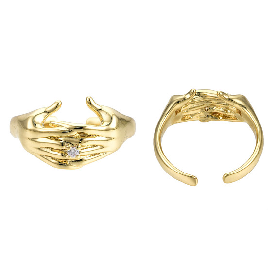 Cubic Zirconia Hands Open Cuff Rings, Real 18K Gold Plated Brass Ring for Women, Nickel Free