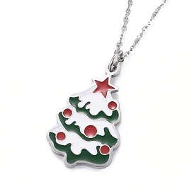 304 Stainless Steel Pendant Necklaces, for Christmas, with Enamel and Lobster Claw Clasps, Christmas Tree, Colorful