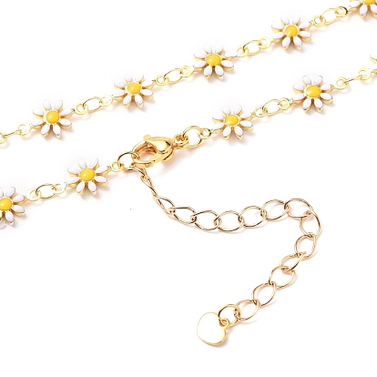Brass Enamel Daisy Link Chain Necklaces, with 304 Stainless Steel Lobster Claw Clasps & Heart Charms