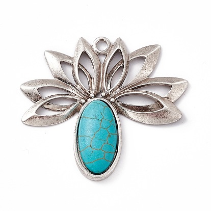 Synthetic Turquoise Oval Big Pendants, Pineapple Charms, with Rack Plating Alloy Lotus Flower Findings