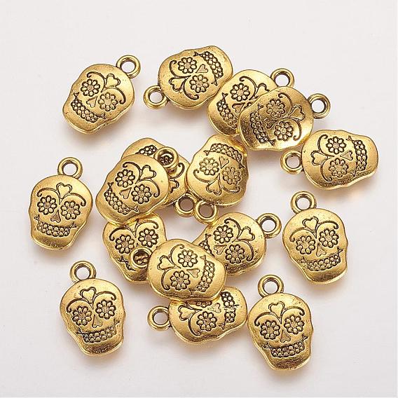 Mexico Holiday Day of the Dead Sugar Skull Tibetan Style Alloy Metal Pendants, For Mexico Holiday Day of the Dead, Lead Free & Cadmium Free, 18x12x3mm, Hole: 2mm