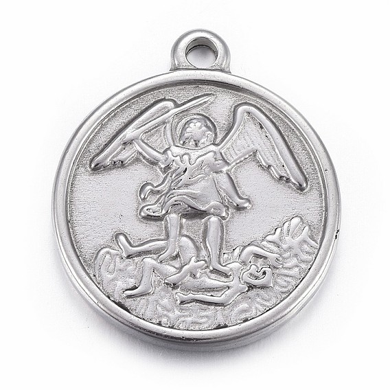304 Stainless Steel Pendants, Flat Round with Archangel Michael