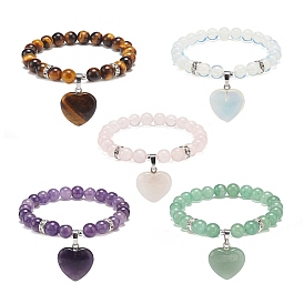 Gemstone Round Beaded Stretch Bracelet with Heart Charm for Women