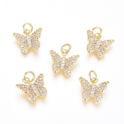 Brass Micro Pave Cubic Zirconia Pendants, Long-Lasting Plated, with Jump Ring, Butterfly, Real 18K Gold Plated