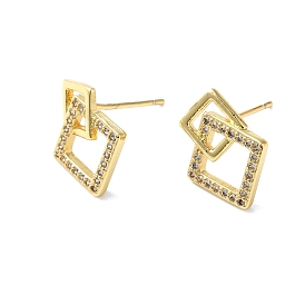 Clear Cubic Zirconia Hollow Rhombus Dangle Stud Earrings, Rack Plating Brass Jewelry for Women, Lead Free & Cadmium Free