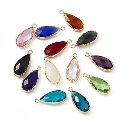 K9 Glass Pendants, Teardrop Charms, Faceted, with Light Gold Tone Brass Edge