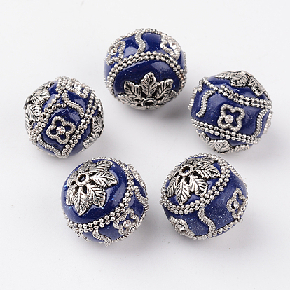 Perles rondes indonésiennes manuelles, avec des strass et argent antique plaqué noyaux en alliage, 22x20mm, Trou: 2mm