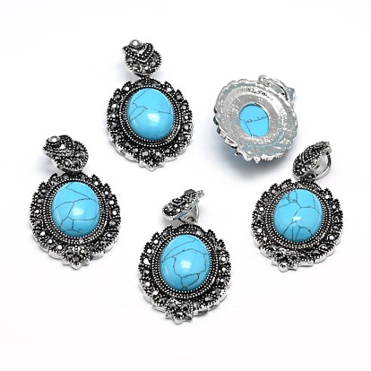 Gemstone Gothic Pendants, with Antique Silver Plated Zinc Alloy Rhinestone Findings, Oval, Lead Free & Nickel Free