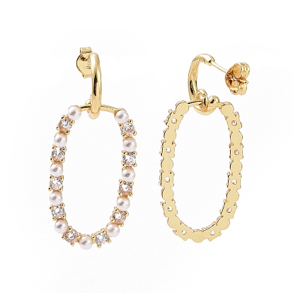 Clear Cubic Zirconia Oval Dangle Stud Earrings with Plastic Pearl Beaded, Brass Jewelry for Women