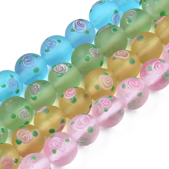 Handmade Frosted Lampwork Beads Strands, Round with Flower