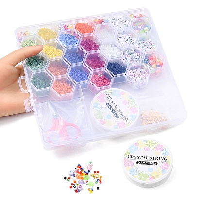 DIY Bracelet Necklace Making Kit, Including Glass Seed & Acrylic Letter Beads, Alloy Clasps, 304 Stainless Steel Jump Rings, Elastic Thread, Scissors
