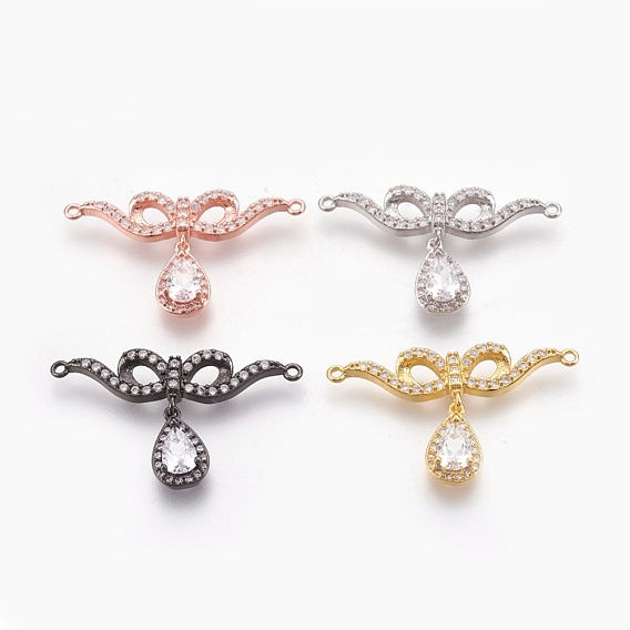 Brass Micro Pave Cubic Zirconia Links, Lead Free & Cadmium Free & Nickel Free, Long-Lasting Plated, Bowknot and Teardrop, Clear