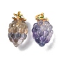 Autumn Theme Natural Fluorite Carved Pendants, with Golden Plated Brass Findings and Green Enamel, Grape