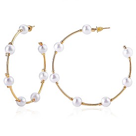 Shell Pearl Beaded Big Circle Stud Earrings, Alloy Half Hoop Earrings for Women