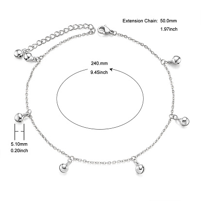 Bracelets de cheville à breloques en laiton Shegrace, avec des chaînes câblées, petite cloche