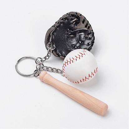Брелок из искусственной кожи, с дерева и железный ключ кольцо, бейсбольной битой и бейсбол перчатки и бейсбол, спортивная тема, спортивная тема 110 мм