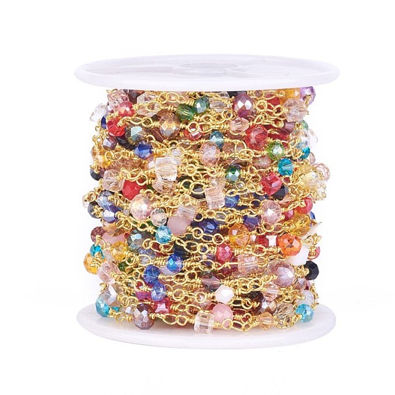 Main chaînes de perles de verre, non soudée, avec les accessoires en laiton, avec bobine, facette, formes mixtes