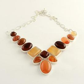 Gemstone Bib Statement Necklaces with Alloy Cabochon Settings and Silver Color Plated Brass Chains, 19.3 inch 