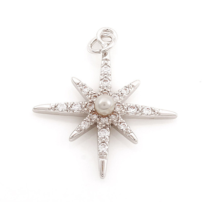 Micro latón allanan encantos de circonio cúbico, con perla de imitación de plástico abs y anillo de salto, estrella de ocho puntas