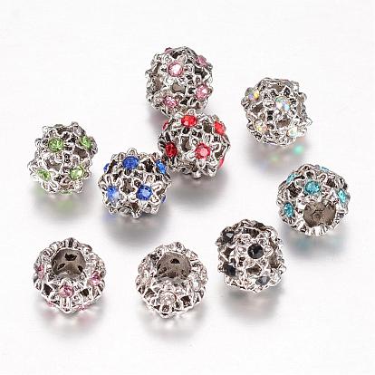Alloy Glass Rhinestone European Beads, Large Hole Beads, Rondelle with Flower, Antique Silver