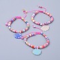 Eco-Friendly Handmade Polymer Clay Heishi Beads Kids Braided Bracelets, with Resin Paillette Pendants and Nylon Cord, Shell