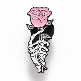 Hand Skeleton with Rose Enamel Pin, Halloween Alloy Badge for Backpack Clothes, Electrophoresis Black