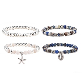 4Pcs 4 Style Natural White Crazy Agate & Imperial Jasper(Dyed) Beaded Stretch Bracelets Set, 304 Stainless Steel Shell & Starfish Charms Stackable Bracelets for Women