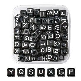 100Pcs Opaque Acrylic Beads, Horizontal Hole, Cube with Random Initial Letter