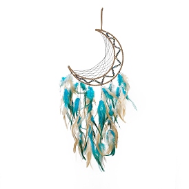 Toile/filet tissé en cordon de fer avec des décorations de pendentifs en plumes, avec des billes en plastique, recouvert d'un cordon en cuir, lune