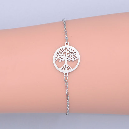 201 Stainless Steel Link Bracelets, with Lobster Claw Clasps, Tree of Life with Flat Round