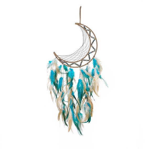 Cordón de hierro tejido web/red con adornos colgantes de plumas, con cuentas de plástico, cubierto con cordón de cuero, luna