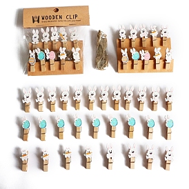 Easter Rabbit Wooden Spring Clips, with Hemp Rope, for Ticket, Note, Photo, Snack Bags, Office School Supplies