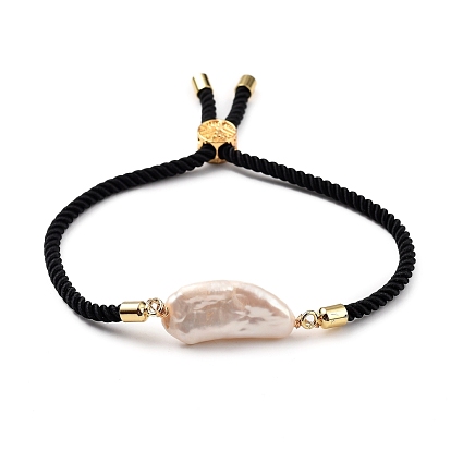 Bracelets coulissants ajustables à cordon torsadé en nylon, bracelets de liaison, avec perles de keshi perle baroque naturelle et perles en laiton arbre de vie