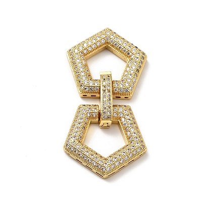 Brass Micro Pave Clear Cubic Zirconia Fold Over Clasps, Cadmium Free & Lead Free, Pentagon
