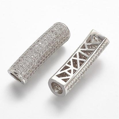 Brass Micro Pave Cubic Zirconia Tube Beads, Tube, Large Hole Beads, Hollow, Clear