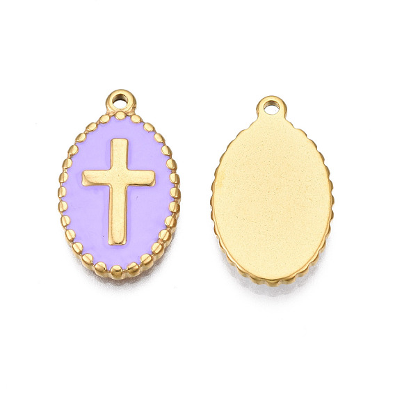304 Stainless Steel Enamel Pendants, Real 18K Gold Plated, Oval with Cross