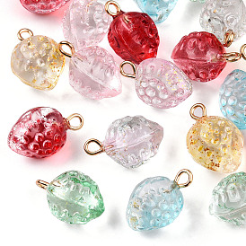 Transparent Spray Painted Glass Pendants, with Golden Plated Iron Bails and Gold Foil, Strawberry