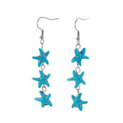 Perles synthétiques turquoise boucles d'oreilles, avec ferrure de fer et crochets en acier inoxydable, étoiles