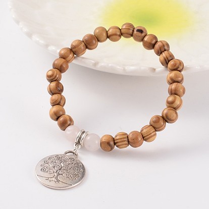 Round Wood and Gemstone Beaded Stretch Charm Bracelets, with Flat Round with Tree of Life Tibetan Style Pendants, 58mm