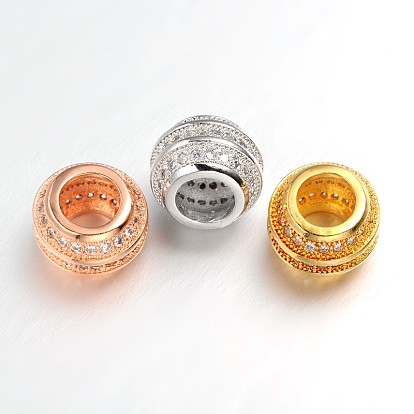 Micro cuivres ouvrent zircone cubique perles européennes, perles de rondelle avec grand trou , sans plomb et sans nickel, 11x8mm, Trou: 5mm