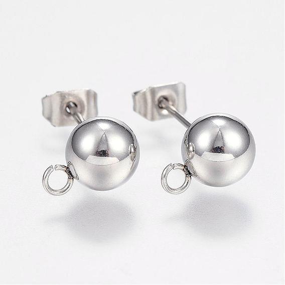 201 Stainless Steel Ball Stud Earring Post, Earring Findings, with Loop and 304 Stainless Steel Pins, Round