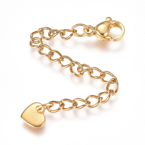 304 Stainless Steel Chain Extender, with Lobster Claw Clasps and Charms, Heart