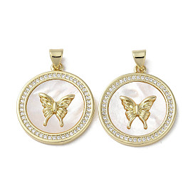 Brass Micro Pave Cubic Zirconia Pendants, with Shell, Flat Round with Butterfly Pattern