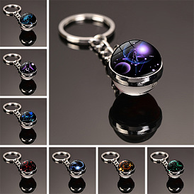 12 Constellation Luminous Glass Ball Pendant Keychain, Glow in The Dark, with Alloy Findings, for Car Key Bag Pendant Accessories