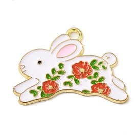 Alloy Enamel Pendants, Rabbit with Flower Charm, Golden