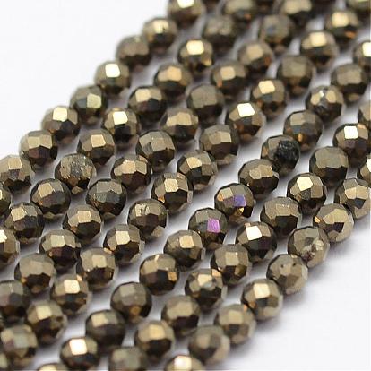 Natural Pyrite Beads Strands, Faceted, Round