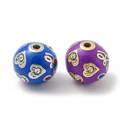 Alloy Enamel Beads, with Rhinestone, Round with Heart Love