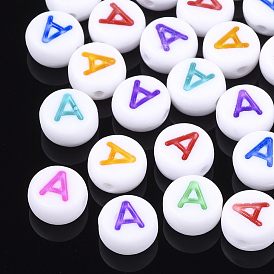 Initial Acrylic Beads, Horizontal Hole, Flat Round, Mixed Color