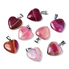 Natural Banded Agate/Striped Agate Pendants, Dyed, with Stainless Steel Snap On Bails, Heart, Stainless Steel Color